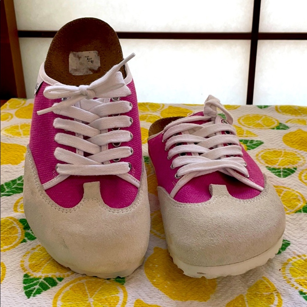 New Burki’s pink canvas lace-up clog mule slip-on